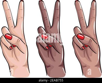 Friedenszeichen Nägel Hände Kunst. Zwei Finger Zeichen. Schwarze Frauen, Latina und weiße Frauen Hand Geste, rote Nagellack Skizze, Schönheit Saon Verfahren. Vec Stock Vektor