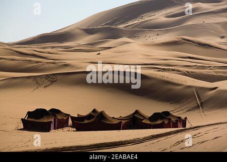 Beduinenlager in den Merzouga Dünen von Morrocco Stockfoto