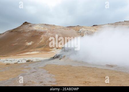 Namafjall, Fumarole, Solfataras, heiße Schlammtöpfe oder Schlammblasen in Nordisland, Hverir, Hverarond, Myvatn Region, Hveraroend Stockfoto