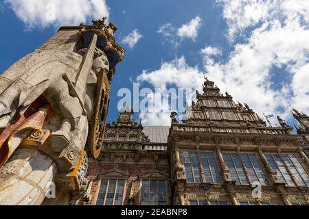 Bremen Roland, Roland-Statue, Detail, von unten, Rathaus, Bremen, Stockfoto