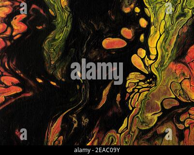 Handbemalte flüssige Marmorstruktur in schwarz, rot und gelb. Stockfoto