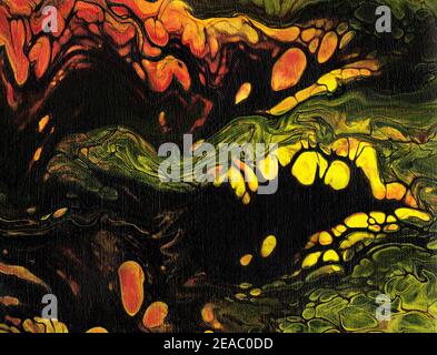 Handbemalte flüssige Marmorstruktur in schwarz, rot und gelb. Stockfoto