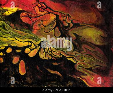 Handbemalte flüssige Marmorstruktur in schwarz, rot und gelb. Stockfoto