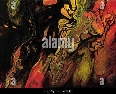 Handbemalte flüssige Marmorstruktur in schwarz, rot und gelb. Stockfoto