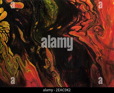 Handbemalte flüssige Marmorstruktur in schwarz, rot und gelb. Stockfoto