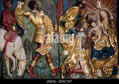 Krakau, Polen. März 2012, 4th. Ein Fragment der Altarbilder von Veit Stoss in der Marienbasilika in Krakau.das Altarbild von Veit Stoss in der Marienbasilika in Krakau ist eines der größten und schönsten gotischen Altarbilder in Europa. Dieser nationale Schatz Polens wurde vor kurzem renoviert und während einer Zeremonie der Öffentlichkeit präsentiert. Kredit: Vito Corleone/SOPA Images/ZUMA Wire/Alamy Live Nachrichten Stockfoto