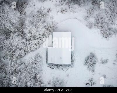 Hütte, Winter, Winterwelt, Schnee, von oben, Schwäbische Alb, Baden-Württemberg, Deutschland, Europa Stockfoto