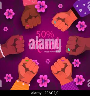 Internationale Damen Tag Mix Rennen Fäuste Urlaub Shopping Sale Konzept Verschiedene Nationalitäten weibliche Hände Vektor-Illustration Stock Vektor