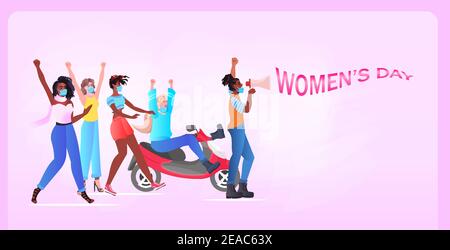 Mix Race Mädchen in Masken feiern internationalen Frauentag 8 märz Urlaub Coronavirus Quarantäne Konzept volle Länge horizontale Vektor-Illustration Stock Vektor