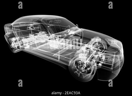 Röntgen von Elektroauto mit Chassis. 3D Abbildung Stockfoto