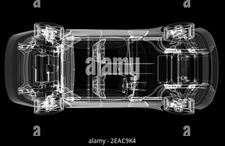 Röntgen von Elektroauto mit Chassis. 3D Abbildung Stockfoto