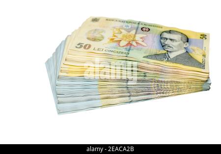 Stapel rumänisches Geld auf Weiß Stockfoto