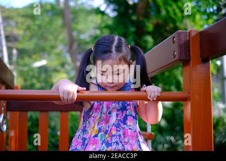 Ein nettes junges asiatisches Mädchen spielt auf einem Spielplatz, versucht, eine Leiter zu klettern, Spaß zu haben und glücklich zu fühlen. Stockfoto