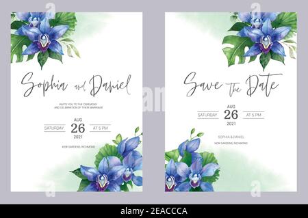 Aquarell Hochzeit Einladungskarten. Blumenposter, Einladung. Elegante Hochzeitseinladung mit wasserfarbenen floralen Elementen Stockfoto