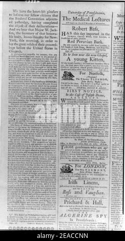 Zeitungsartikel und Hinweise im Jahre 1787 während der Verfassungskonvent in Phila gedruckt. Stockfoto