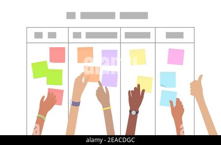 Multirassische Entwickler-Team arbeitet an Scrum Sprint Board zusammen und Organisieren von Projektaufgaben als flacher Vektor Stock Vektor