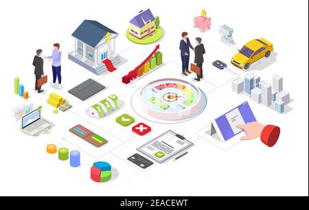 Bankkreditverarbeitung isometrische Infografik, flache Vektorgrafik. Bonitätsbewertung, Symbole für die Kundenbewertung. Stock Vektor