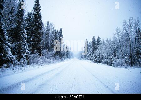 Verschneite Winterstraße in ländlicher Umgebung Stockfoto