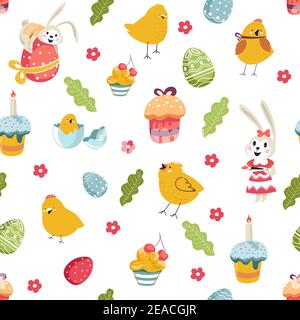 Ostern Urlaub Zeichen Kuchen und Vögel, Bunny Flora Stock Vektor