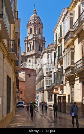 Gasse in Malaga mit dem Kirchturm der Kathedrale Basílica de la Encarnación Stockfoto