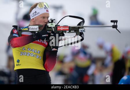 Pokljuka, Slowenien. Februar 2021, 08th. Biathlon: Weltmeisterschaften, Herrentraining. Johannes Dale aus Norwegen in Aktion. Die Wettbewerbe finden ab dem 10-21. Februar unter strengen Hygienebedingungen statt. Quelle: Sven Hoppe/dpa/Alamy Live News Stockfoto