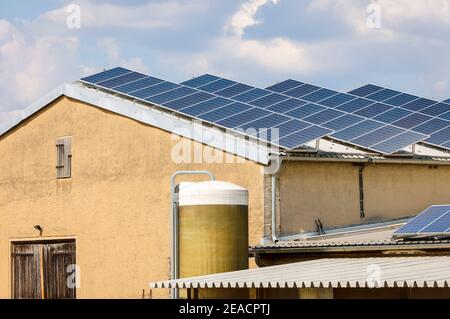 Wittichenau, Oberlausitz, Sachsen, Deutschland - Solaranlage auf dem Dach der Viehställe, ehemaliges LPG-Gebäude, Hof Domanja. Stockfoto