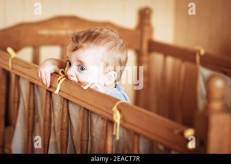 Neugieriges Kleinkind, das in der Krippe steht. Horizontal Stockfoto