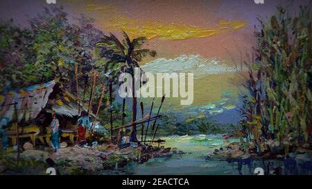Handgemalte originale Meisterwerke des Impressionismus Maler zeitgenössische Kunst Ölmalerei ländliche Landschaft thailands Stockfoto