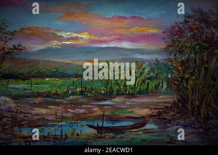 Handgemalte originale Meisterwerke des Impressionismus Maler zeitgenössische Kunst Ölmalerei ländliche Landschaft thailands Stockfoto