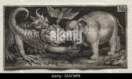 Nicolaes de Bruyn (Niederlandisch, 1571-1656), A. van Londerseel - Elefant kämpft gegen zwei Bestien Stockfoto