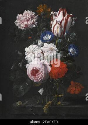 Nicolaes van Verendael - Stillleben mit einer Tulpe, einer Rose, einer Nelke und anderen Blumen in einer Glasvase, auf einem Steinvorsprung. Stockfoto