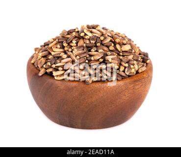 Milk Thistle Samen in Holzschale, isoliert auf weißem Hintergrund. Silybum marianum, Scotch Thistle oder Marian Thistle. Stockfoto