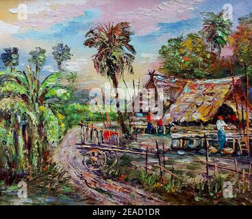 Handgemalte originale Meisterwerke des Impressionismus Maler zeitgenössische Kunst Ölmalerei ländliche Landschaft thailands Stockfoto