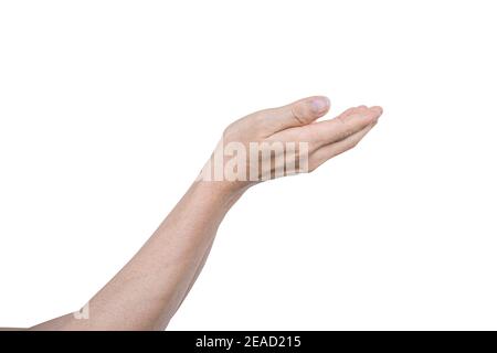 Mann Hand mit offenen Handfläche Hoffnung, helfend, isoliert auf weißem Hintergrund. Stockfoto