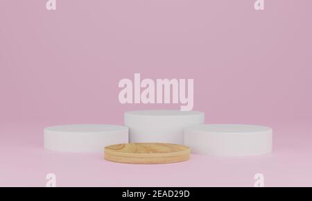 3D Rendern. Abstrakte minimale Szene mit geometrischen. Holzpodium auf rosa Hintergrund. Sockel oder Plattform für Display, Produktpräsentation, Mock-up, Stockfoto