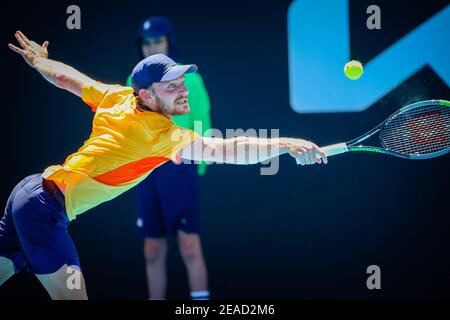 David Goffin (ATP 11) im Einsatz bei einem Tennisspiel zwischen dem Belgier Goffin und dem Australier Popyrin in der ersten Runde der Männer-Singles Stockfoto