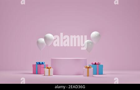 Mock up von Geschenkbox und Luftballons mit Plattform für kosmetische Produktpräsentation auf rosa Hintergrund. 3D Rendern. Stockfoto