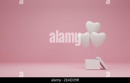 3D Rendern. Offene Geschenkbox mit Ballon Herz auf pastellrosa Hintergrund. Minimalkonzept. Stockfoto