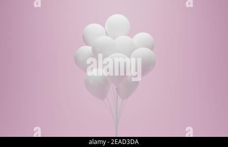 Weiße Ballons Gruppe auf rosa Pastell Hintergrund. 3D Rendern. Stockfoto