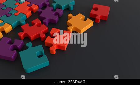 Bunte Puzzle-Stücke isoliert auf dunklem Hintergrund. 3D Abbildung Stockfoto