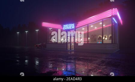 Neon Diner und Retro Auto spät in der Nacht. Nebel, Regen und Farbreflexe auf Asphalt. 3D Abbildung Stockfoto