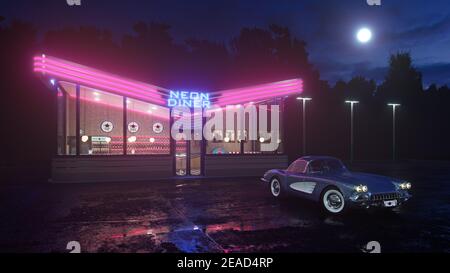 Neon Diner und Retro Auto spät in der Nacht. Nebel, Regen und Farbreflexe auf Asphalt. 3D Abbildung Stockfoto