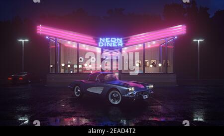 Neon Diner und Retro Auto spät in der Nacht. Nebel, Regen und Farbreflexe auf Asphalt. 3D Abbildung Stockfoto