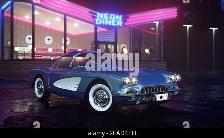 Neon Diner und Retro Auto spät in der Nacht. Nebel, Regen und Farbreflexe auf Asphalt. 3D Abbildung Stockfoto