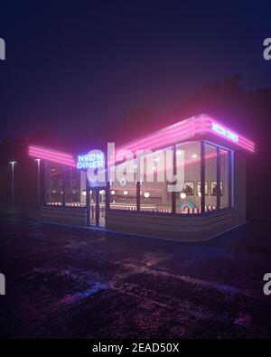 Neon Diner und Retro Auto spät in der Nacht. Nebel, Regen und Farbreflexe auf Asphalt. 3D Abbildung Stockfoto