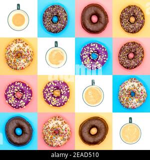 Draufsicht Collage aus Kaffeetasse und verschiedenen Donuts Stockfoto