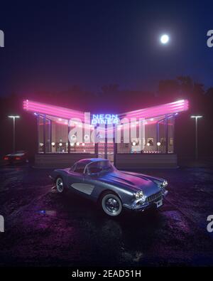 Neon Diner und Retro Auto spät in der Nacht. Nebel, Regen und Farbreflexe auf Asphalt. 3D Abbildung Stockfoto