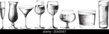 Vektor monochrome Set Skizze Stil Illustration von Hand gezeichneten Weingläser isoliert auf weißem Hintergrund. Cocktail, Wein, Champagner, martini, Brandy, wh Stock Vektor