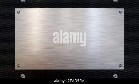 Gebürstete Metallplatte auf perforiertem Metallhintergrund Textur. Aluminium, Stahl. 3D Abbildung Stockfoto