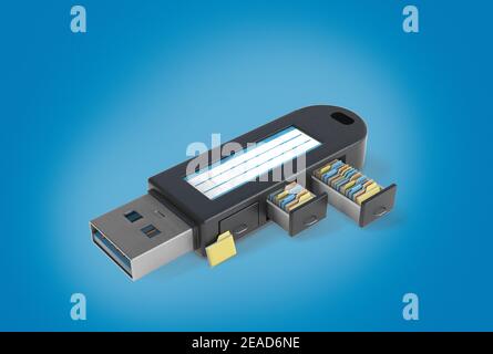 USB-Flash-Laufwerk. Archivierung mit Dateien und Ordnern in einem elektronischen Archiv. Blauer Hintergrund 3D Render. Stockfoto